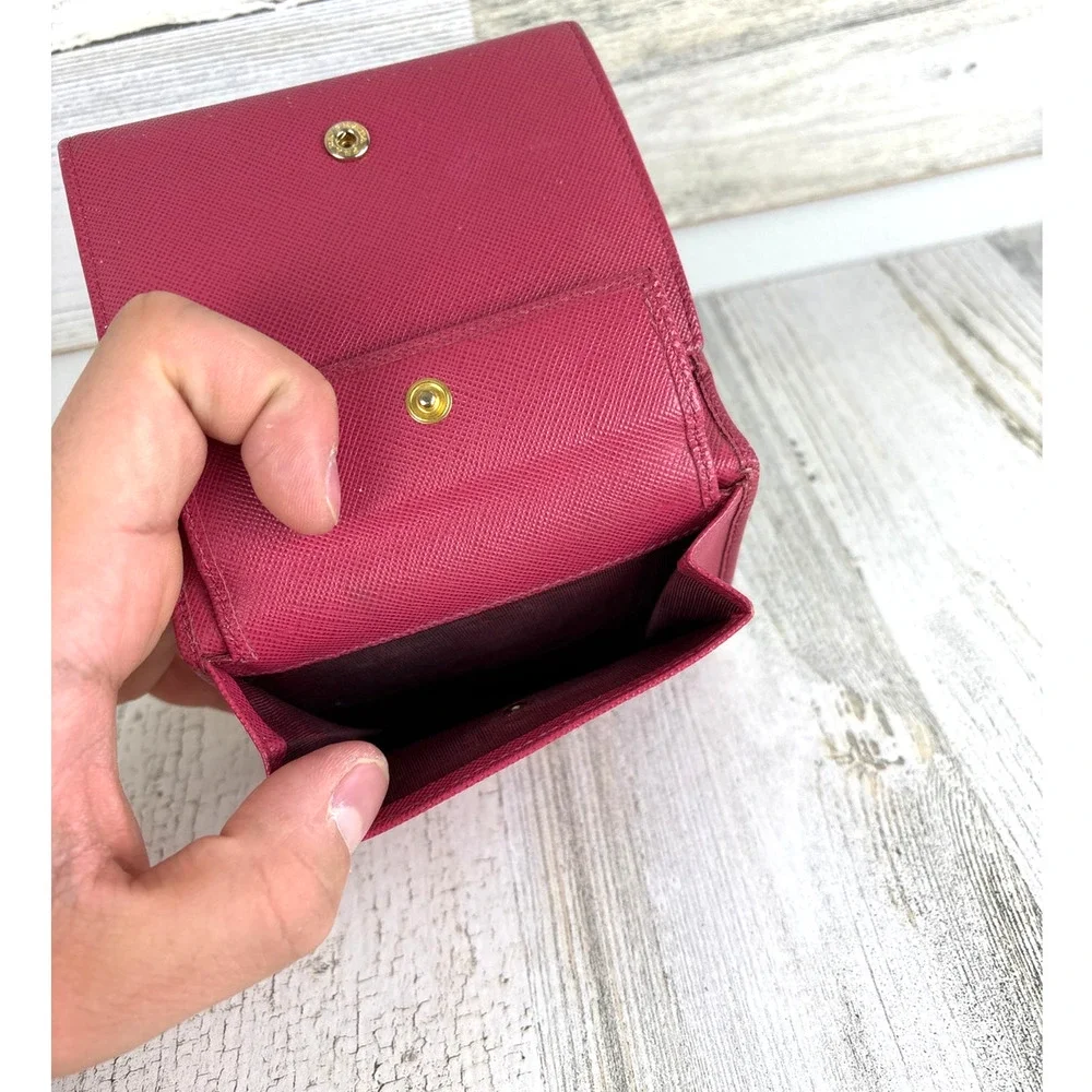 Prada Womens Pink Saffiano Leather Tri Fold Wallet Card Holder Italy Luxury